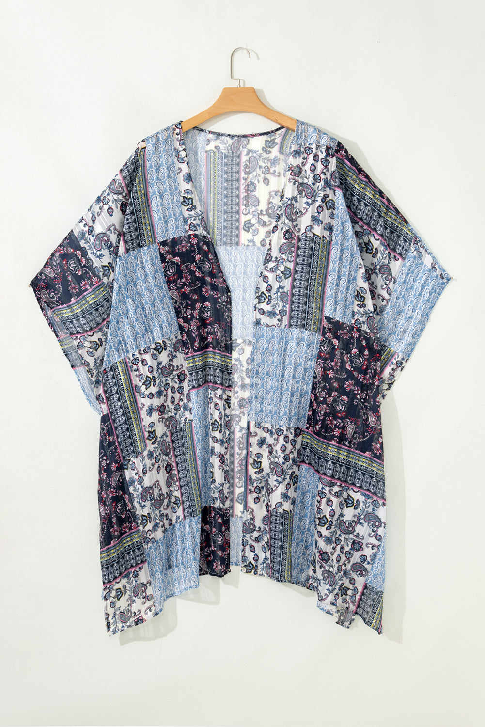 Blue Retro Floral Print Long Loose Open Front Kimono Kimonos JT's Designer Fashion