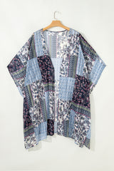 Blue Retro Floral Print Long Loose Open Front Kimono Kimonos JT's Designer Fashion
