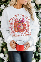 Beige Halloween Disco Ball Pumpkin Print Pullover Sweatshirt Graphic Sweatshirts JT's Designer Fashion