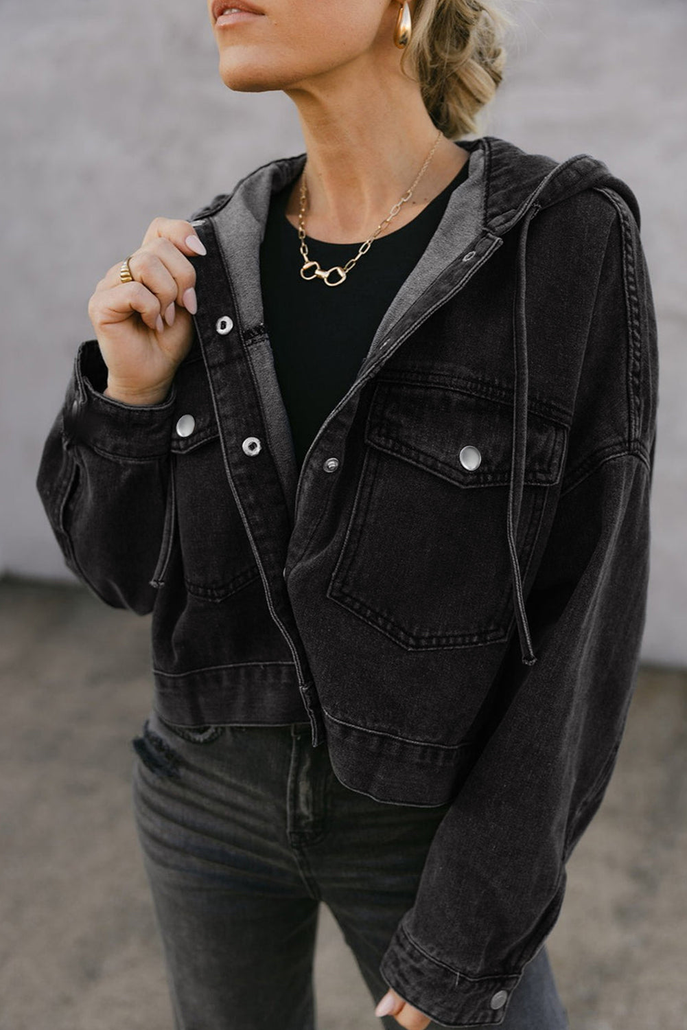 Black Big Chest Pocket Drop Shoulder Hooded Denim Jacket Denim Jackets JT's Designer Fashion