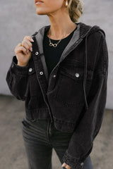 Black Big Chest Pocket Drop Shoulder Hooded Denim Jacket Denim Jackets JT's Designer Fashion