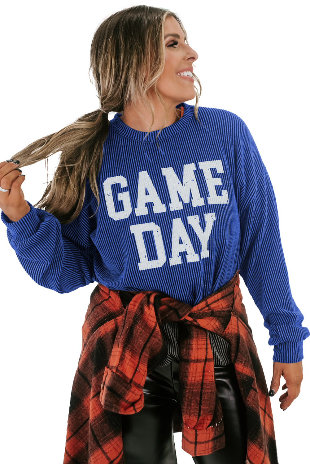 Bluing Corded GAME DAY Graphic Long Sleeve Crewneck Top Long Sleeve Tops JT's Designer Fashion