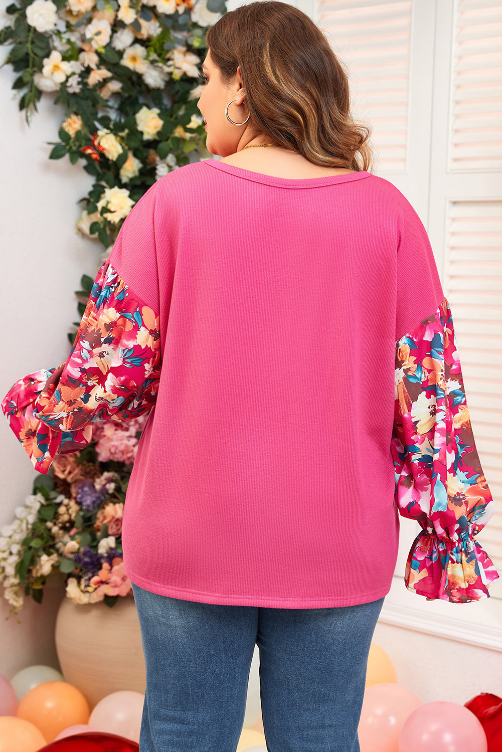 Bright Pink Floral Patchwork Flounce Sleeve Rib Knit Plus Top Plus Size Long Sleeve Tops JT's Designer Fashion