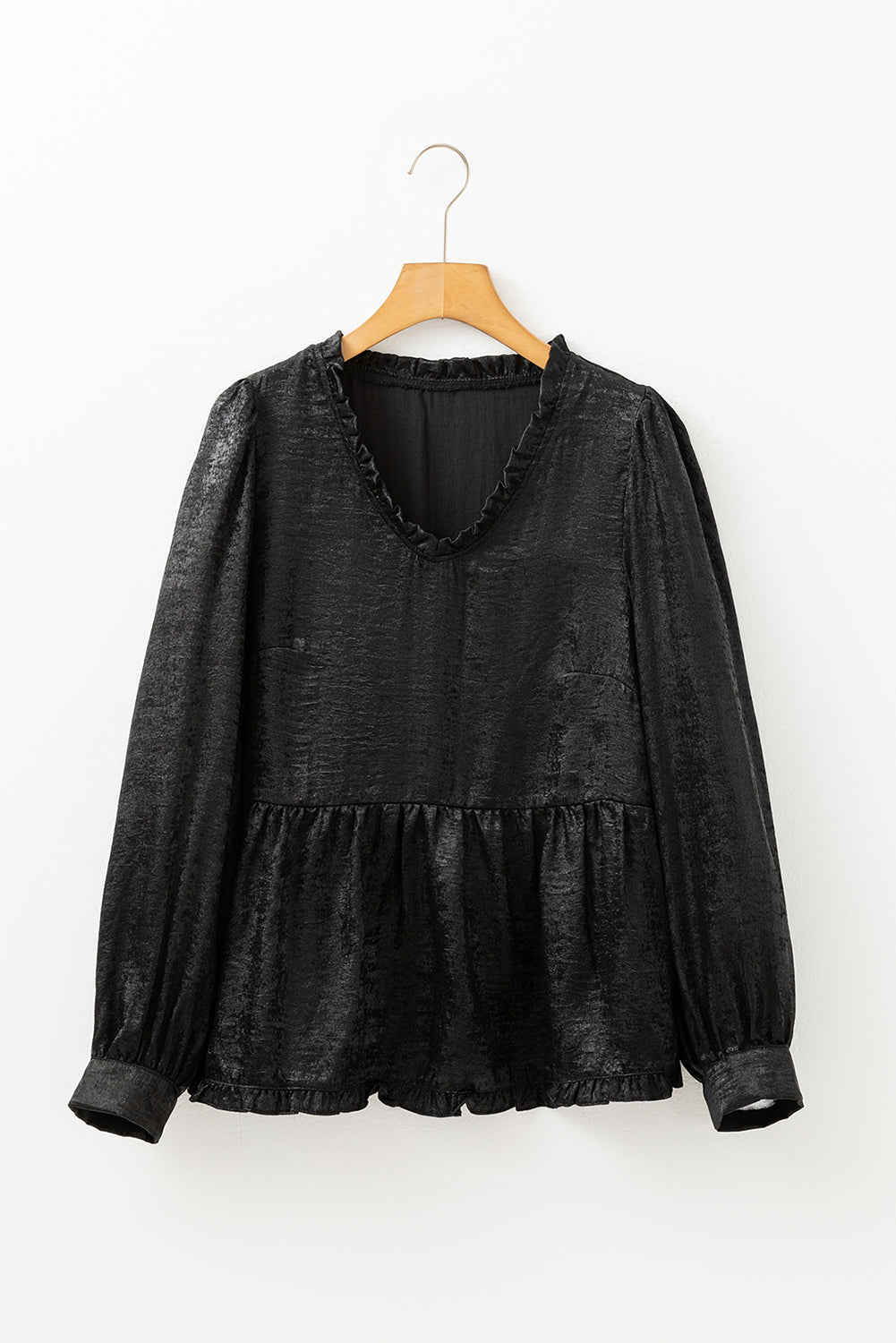 Black Metallic Frilled V Neck Puff Sleeve Babydoll Blouse Blouses & Shirts JT's Designer Fashion