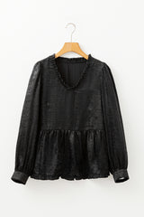 Black Metallic Frilled V Neck Puff Sleeve Babydoll Blouse Blouses & Shirts JT's Designer Fashion