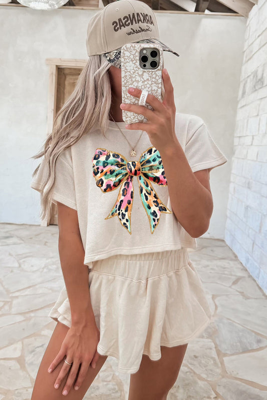 Beige Bold Leopard Bow Print Loose Tee and Skort 2pcs Set Graphic Sets JT's Designer Fashion