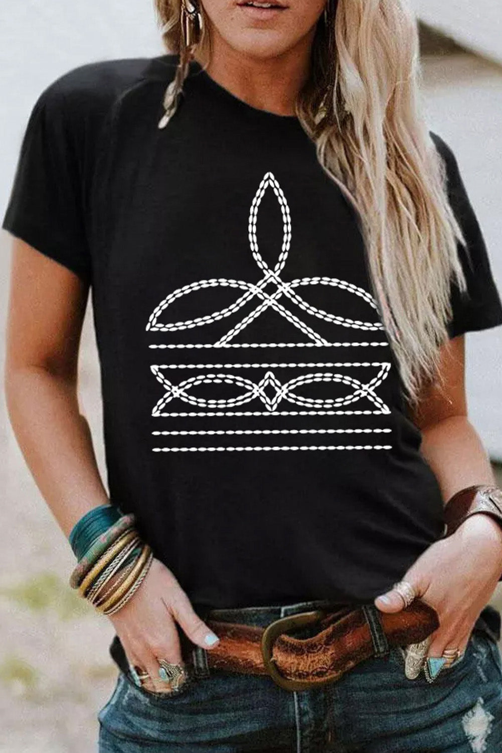 Black Western Pattern Print Slim Fit Crew Neck T Shirt Graphic Tees JT's Designer Fashion