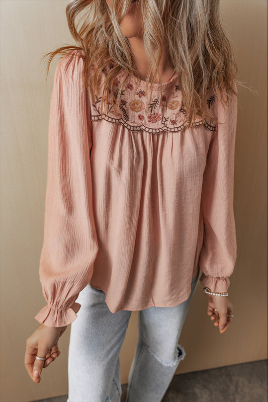 Gossamer Pink Floral Embroidered Textured Flounce Sleeve Elegant Blouse Gossamer Pink 80%Viscose+20%Polyamide Blouses & Shirts JT's Designer Fashion