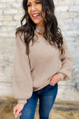 Parchment Mixed Texture Patchwork Knitted Puff Sleeve Sweater Sweaters JT's Designer Fashion