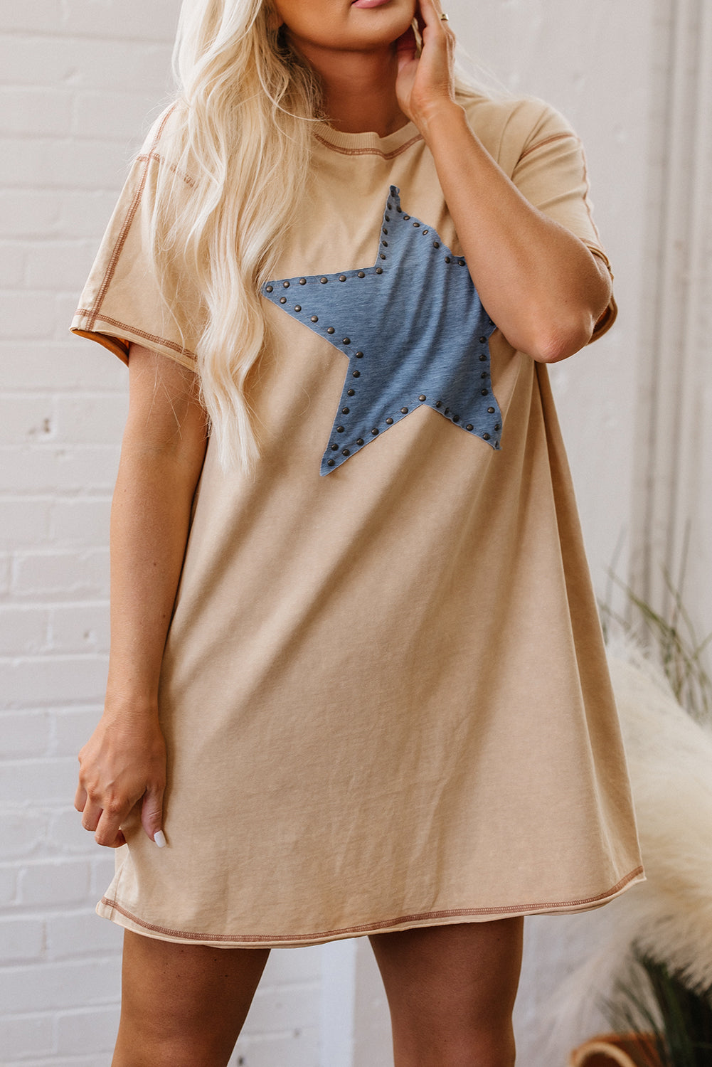 Pale Khaki Mineral Wash Stud Beaded Star Graphic Pocketed T Shirt Dress T Shirt Dresses JT's Designer Fashion