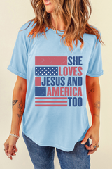 Light Blue SHE LOVES JESUS AND AMERICA TOO Flag Graphic T Shirt Graphic Tees JT's Designer Fashion