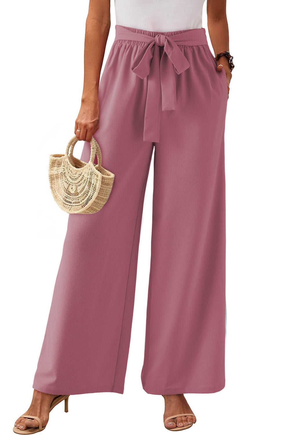 Rose Tan High Waisted Tie Front Side Pocket Wide Leg Flowy Casual Pants Pants & Culotte JT's Designer Fashion
