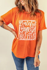 Orange Grateful Thankful Blessed Printed Thanksgiving T Shirt Graphic Tees JT's Designer Fashion