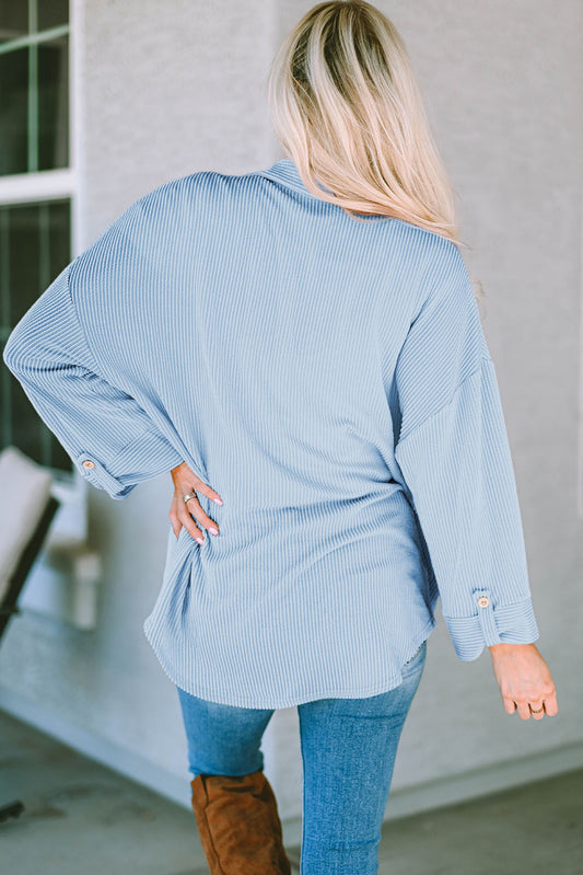 Sky Blue Roll Tab Sleeve Ribbed Cording Shacket Jackets JT's Designer Fashion