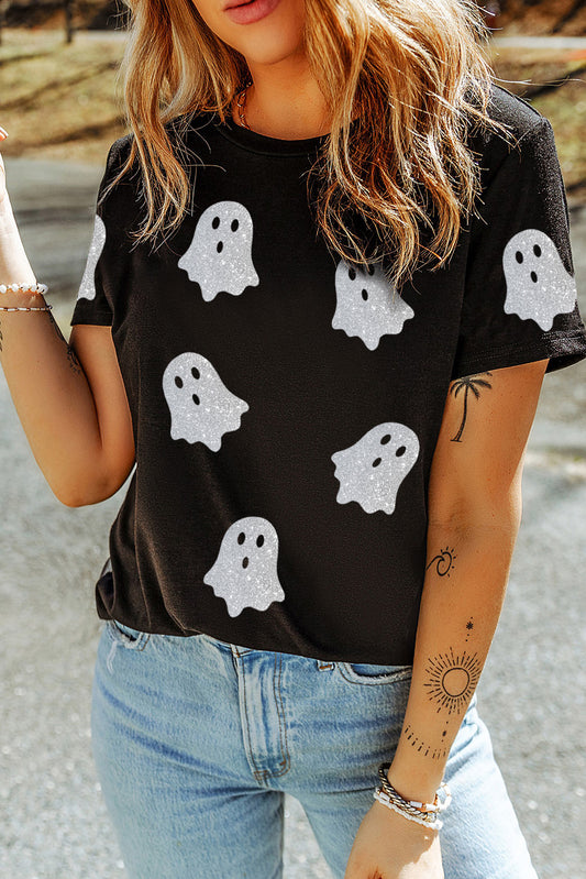 Black Glitter Ghost Pattern Crew Neck Halloween T Shirt Graphic Tees JT's Designer Fashion