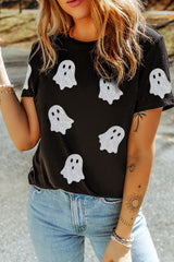 Black Glitter Ghost Pattern Crew Neck Halloween T Shirt Graphic Tees JT's Designer Fashion