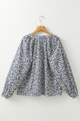Blue Floral Print Notched V Neck Puff Sleeve Blouse Blouses & Shirts JT's Designer Fashion