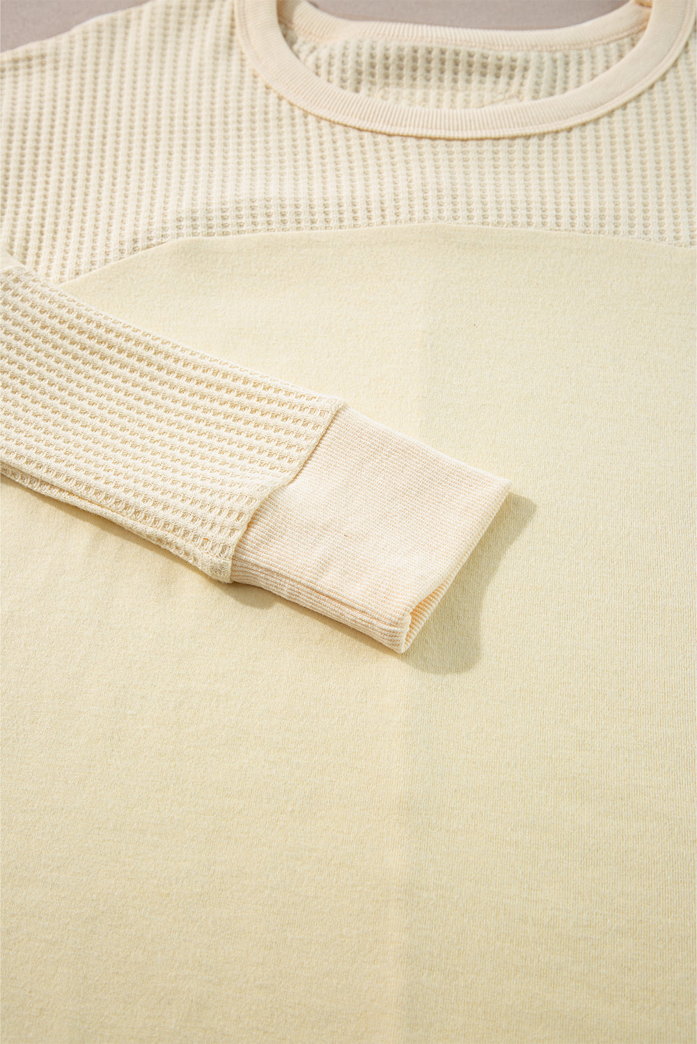 Beige Thermal Knit Patchwork Exposed Seam Long Sleeve Top Long Sleeve Tops JT's Designer Fashion