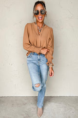 Straw Yellow Solid Color Shirred Cuff Notch V Neck Blouse Blouses & Shirts JT's Designer Fashion