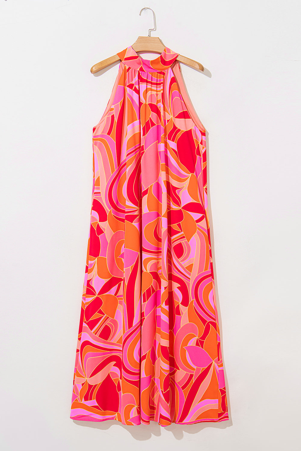 Rose Abstract Printed High Neck Knotted Nape Sleeveless Long Dress Maxi Dresses JT's Designer Fashion