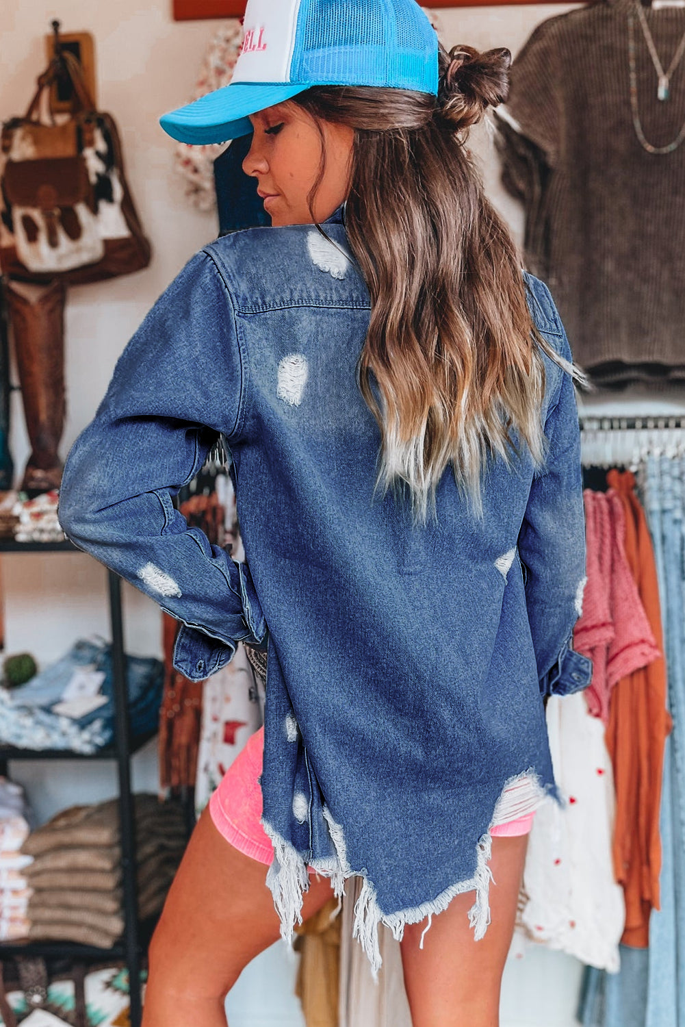 Sky Blue Light Wash Distressed Frayed Long Denim Jacket Denim Jackets JT's Designer Fashion