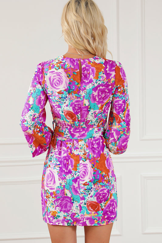 Purple Floral Keyhole Back Long Sleeve Belted Dress Floral Dresses JT's Designer Fashion
