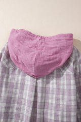 Pink Checkered Print Loose Fit Buttoned Hooded Shacket Plaid Shackets JT's Designer Fashion