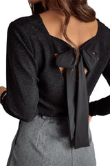 Black Metallic Bowknot Open Back V Neck Top Long Sleeve Tops JT's Designer Fashion