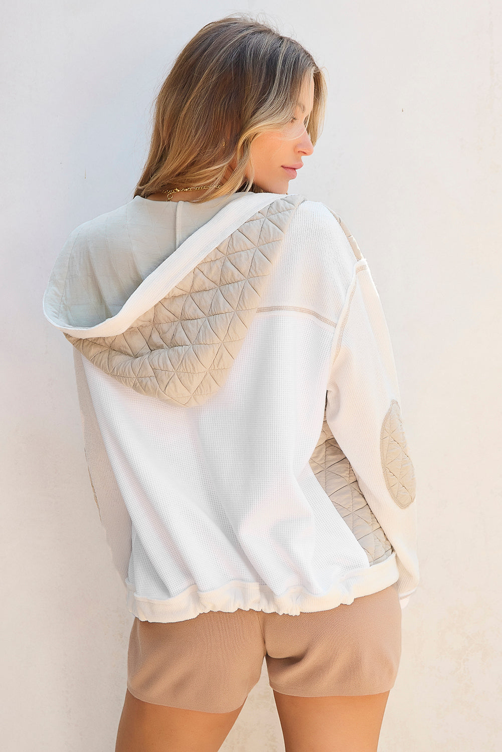 Beige Quilted Textured Patchwork Loose Fit Hooded Jacket Jackets JT's Designer Fashion