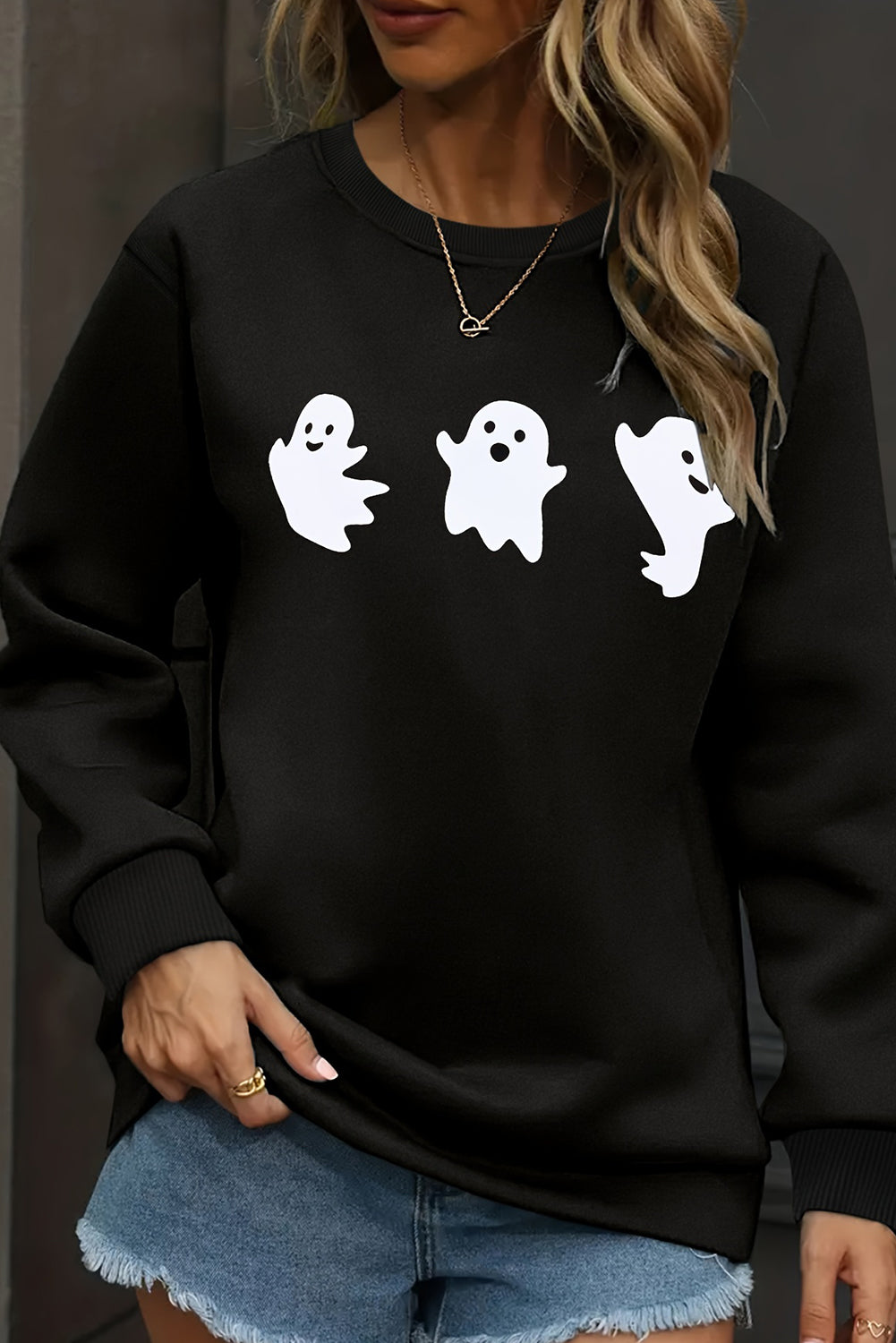 Black Halloween Ghosts Print Round Neck Sweatshirt Graphic Sweatshirts JT's Designer Fashion
