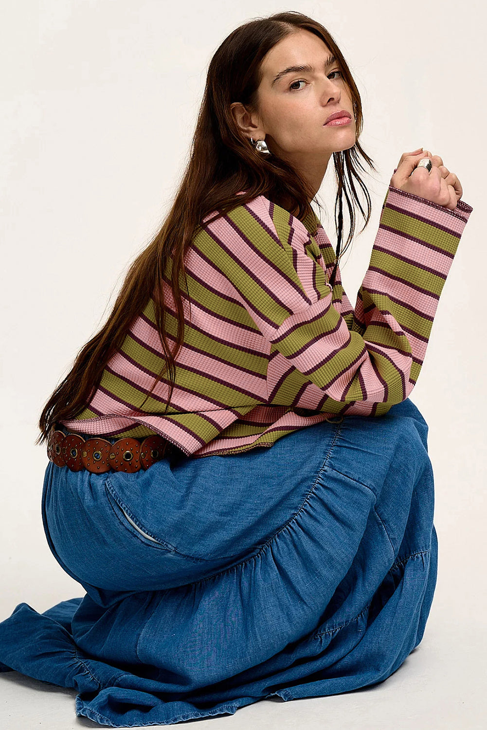 Spinach Green Clashing Stripes Waffle Texture Notched Neck Long Sleeve Top Long Sleeve Tops JT's Designer Fashion