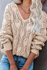 Apricot Crochet Knit Ribbed Hem Hollow-out Sweater Sweaters JT's Designer Fashion