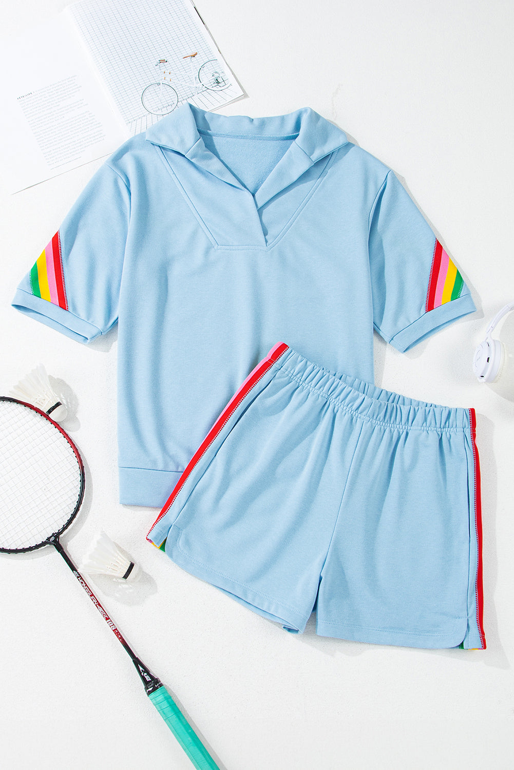 Sky Blue Rainbow Colorblock Collared Short Sleeve Top 2 Piece Shorts Set Short Sets JT's Designer Fashion
