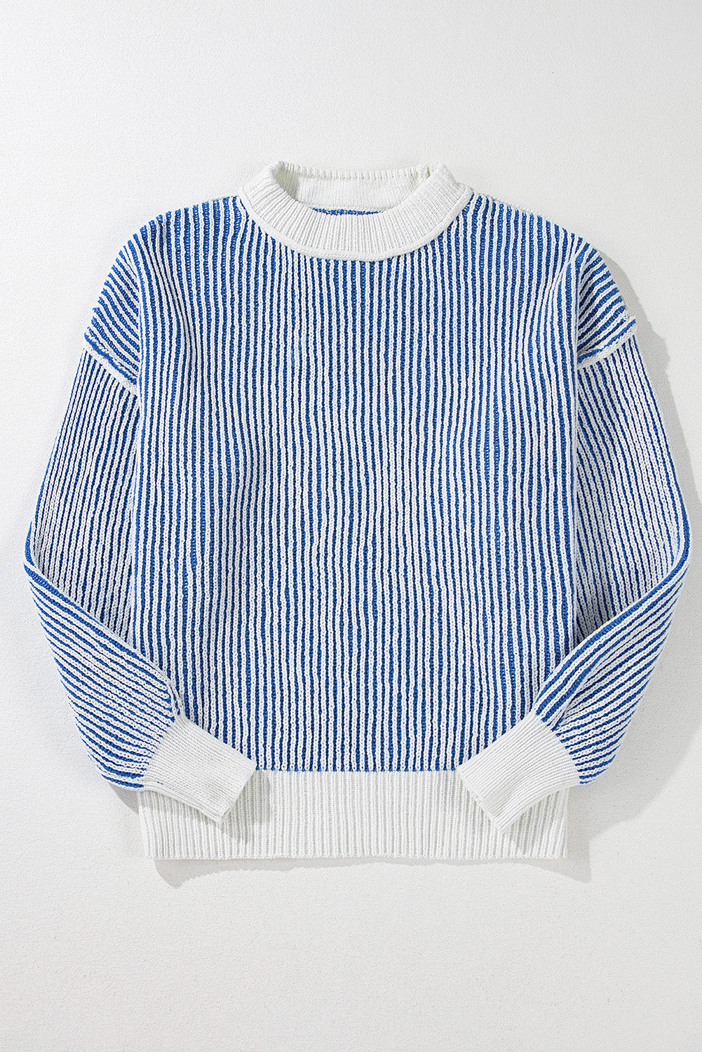Dark Blue Striped Textured Knit Contrast Edge Loose Sweater Sweaters JT's Designer Fashion