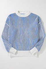 Dark Blue Striped Textured Knit Contrast Edge Loose Sweater Sweaters JT's Designer Fashion