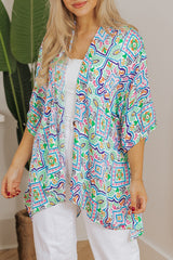 White Boho Floral Printed Rhinestone 3/4 Sleeve Open Front Kimono Kimonos JT's Designer Fashion