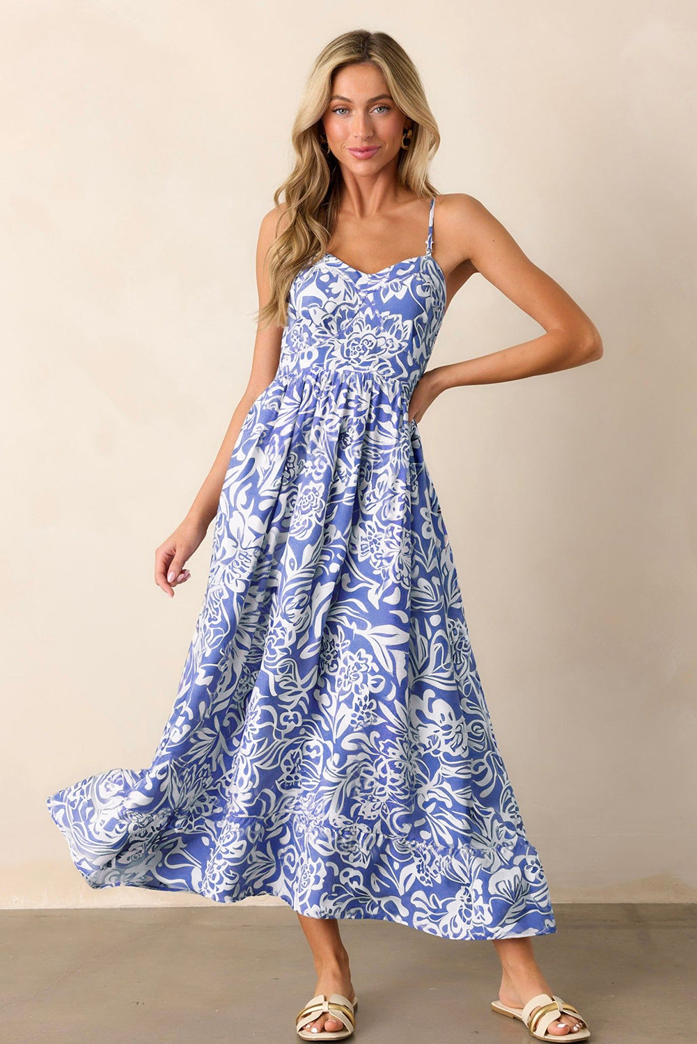 Sky Blue Floral Print Spaghetti Strap High Waist Maxi Dress Floral Dresses JT's Designer Fashion