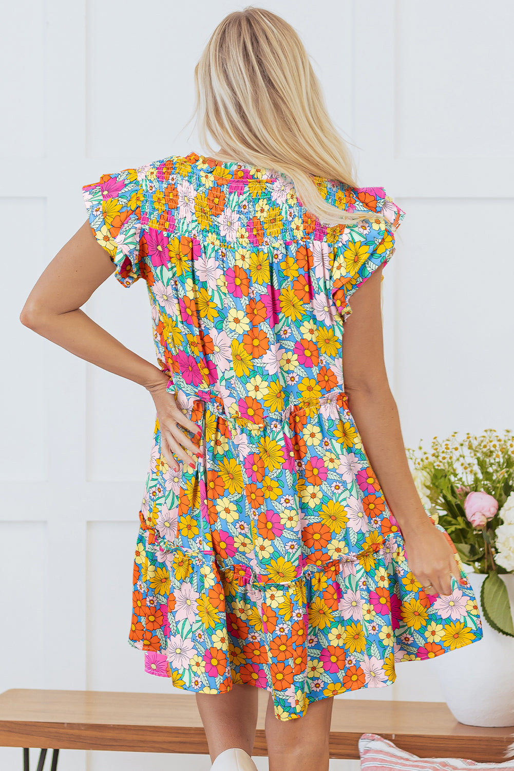 Sky Blue Floral Print Smocked Notch V Neck Flutter Sleeve Mini Dress Floral Dresses JT's Designer Fashion