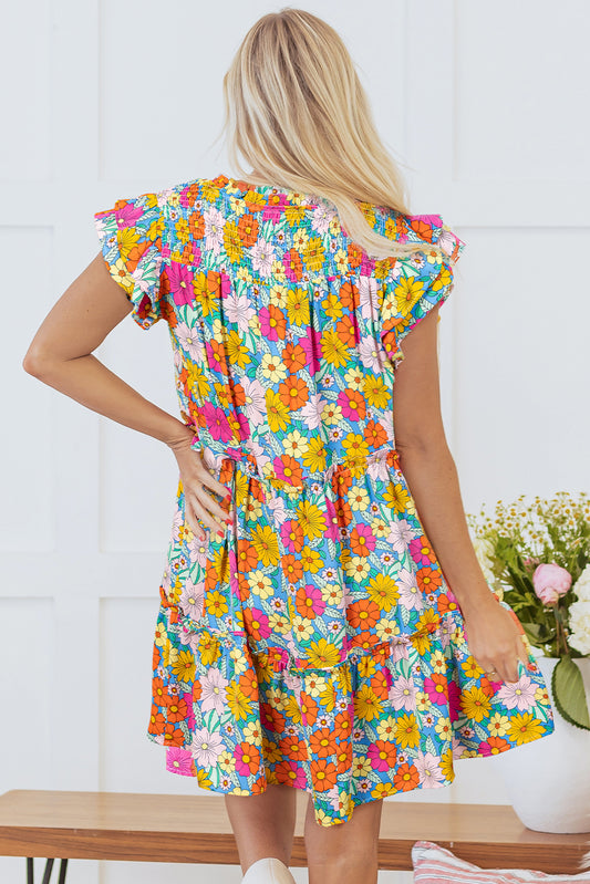 Sky Blue Floral Print Smocked Notch V Neck Flutter Sleeve Mini Dress Floral Dresses JT's Designer Fashion