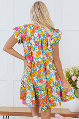 Sky Blue Floral Print Smocked Notch V Neck Flutter Sleeve Mini Dress Floral Dresses JT's Designer Fashion