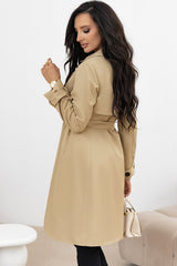 Pale Khaki Solid Color Lapel Collar Waist Tie Wind Coat Coats JT's Designer Fashion