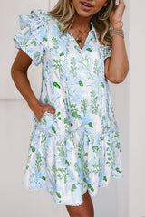 Sky Blue Floral Contrast Edge Layered Short Sleeve Mini Dress Floral Dresses JT's Designer Fashion