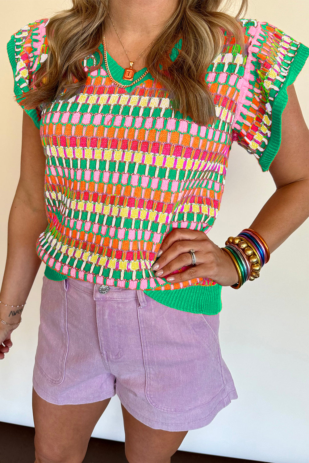 Green Printed Cap Sleeve Ribbed Trim Sweater Green Sweaters & Cardigans JT's Designer Fashion