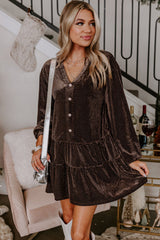 Dark Brown Textured Velvet V Neck Shift Dress Mini Dresses JT's Designer Fashion