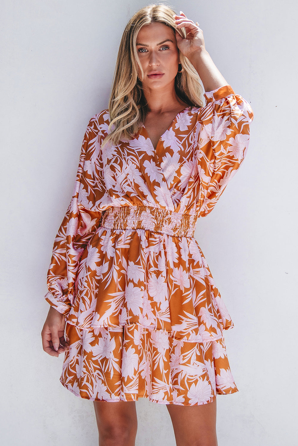 Brown Floral Puff Sleeve Smocked Waist Layered Dress Floral Dresses JT's Designer Fashion