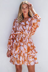 Brown Floral Puff Sleeve Smocked Waist Layered Dress Floral Dresses JT's Designer Fashion