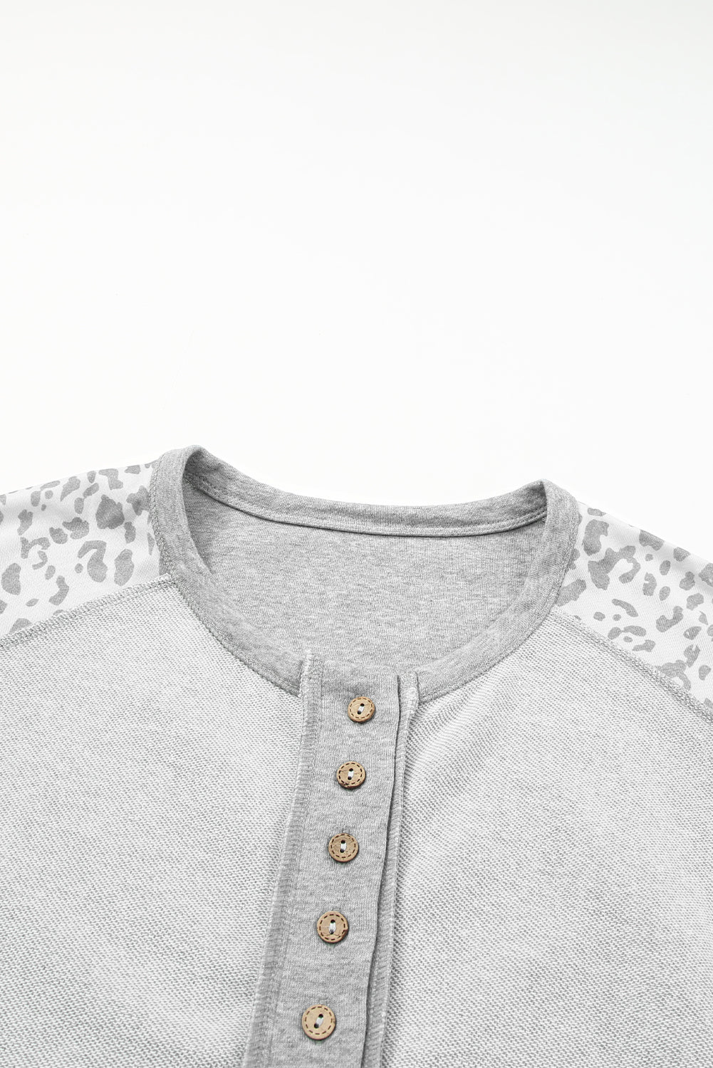 Gray Leopard Patchwork Exposed Seam Buttoned Neck Sweatshirt Sweatshirts & Hoodies JT's Designer Fashion