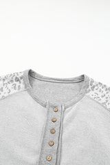 Gray Leopard Patchwork Exposed Seam Buttoned Neck Sweatshirt Sweatshirts & Hoodies JT's Designer Fashion