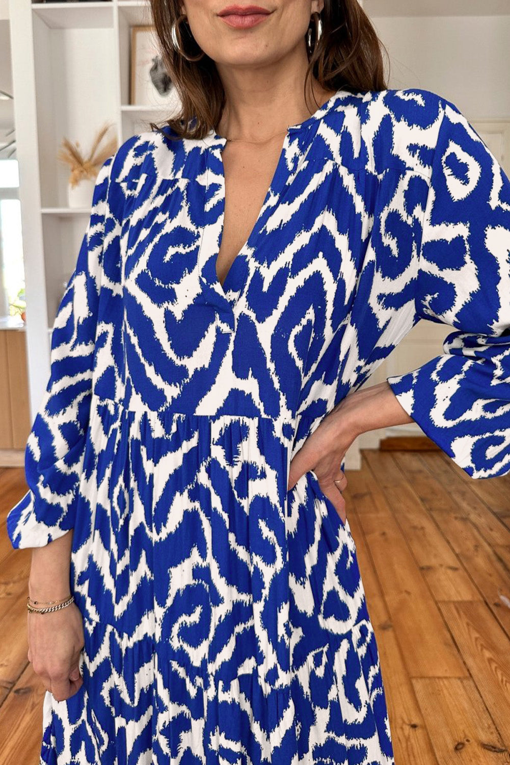 Blue Western Abstract Geometric Printed Long Dress Maxi Dresses JT's Designer Fashion