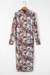 Brown Floral Allover Print Mock Neck Bodycon Long Sleeve Midi Dress Floral Dresses JT's Designer Fashion
